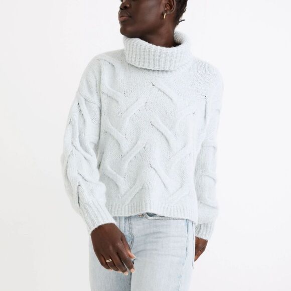 Madewell Somervell Cable Knit Iceberg Wool Turtleneck Sweater Womens Medium - Picture 1 of 8